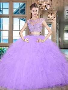 Lavender Two Pieces Tulle Scoop Cap Sleeves Beading and Appliques and Ruffles Floor Length Zipper Ball Gown Prom Dress