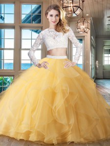 Scoop Long Sleeves Beading and Lace and Ruffles Zipper Sweet 16 Dress with Gold Brush Train