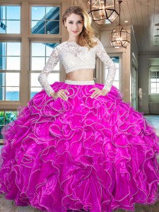 Scoop Fuchsia Zipper Ball Gown Prom Dress Beading and Lace and Ruffles Long Sleeves Floor Length