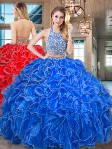 Nice Halter Top Ruffled Royal Blue Sleeveless Organza Backless Sweet 16 Quinceanera Dress for Military Ball and Sweet 16 and Quinceanera