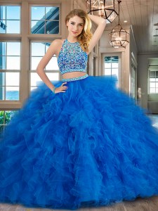 Customized Blue Two Pieces Scoop Sleeveless Tulle Floor Length Backless Beading and Ruffles Sweet 16 Quinceanera Dress