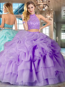 Spectacular Halter Top Backless Lavender Sleeveless Brush Train Beading and Ruffled Layers and Pick Ups Ball Gown Prom Dress