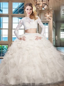 Clearance Scoop White Long Sleeves Organza Zipper Quince Ball Gowns for Military Ball and Sweet 16 and Quinceanera