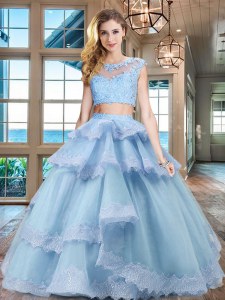 Scoop Light Blue Cap Sleeves Floor Length Beading and Lace and Appliques and Ruffled Layers Zipper 15 Quinceanera Dress
