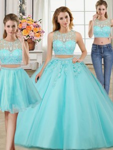Three Piece Scoop Sleeveless Tulle Sweet 16 Quinceanera Dress Beading and Appliques Zipper