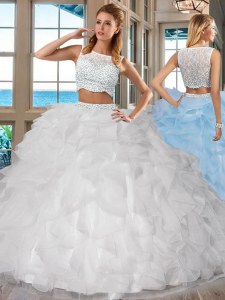 Inexpensive Sleeveless Floor Length Beading and Ruffles Side Zipper Quinceanera Gowns with White