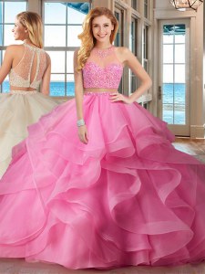 Beading and Ruffles Sweet 16 Quinceanera Dress Baby Pink Lace Up Sleeveless With Brush Train