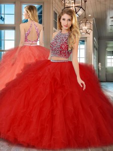Scoop Backless Floor Length Red Quinceanera Dresses Tulle Sleeveless Beading and Ruffles
