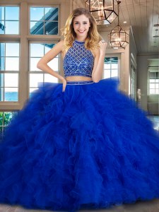 Sophisticated Royal Blue Quinceanera Dress Halter Top Sleeveless Brush Train Backless