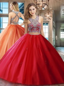 Customized Red Scoop Neckline Beading and Appliques Ball Gown Prom Dress Sleeveless Criss Cross