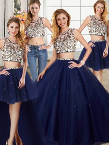 Fabulous Four Piece Scoop Navy Blue Tulle Backless Quinceanera Dresses Cap Sleeves With Brush Train Beading