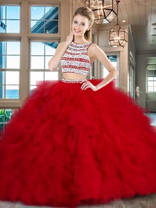 Backless Scoop Sleeveless Quinceanera Dress With Brush Train Beading and Ruffles Red Tulle