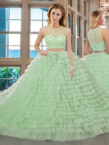 Discount Ruffled Floor Length Apple Green Ball Gown Prom Dress Scoop Sleeveless Zipper