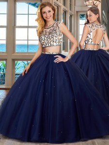 Superior Navy Blue Two Pieces Scoop Cap Sleeves Tulle With Brush Train Backless Beading Quinceanera Gowns