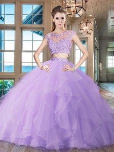 On Sale Scoop Cap Sleeves Sweet 16 Dresses With Brush Train Beading and Appliques and Ruffles Lavender Organza