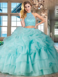 High End Halter Top Sleeveless Brush Train Beading and Ruffled Layers and Pick Ups Backless Sweet 16 Dresses