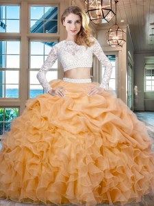 Gold Scoop Zipper Beading and Lace and Ruffles 15th Birthday Dress Long Sleeves