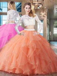 Organza Scoop Long Sleeves Brush Train Zipper Beading and Lace and Ruffles 15 Quinceanera Dress in Orange
