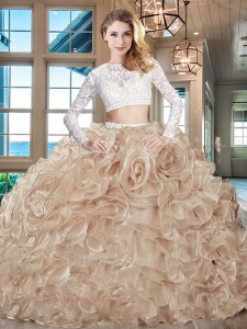 On Sale Scoop Champagne Two Pieces Beading and Lace and Ruffles Vestidos de Quinceanera Zipper Organza Long Sleeves