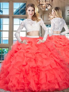 Fashionable Scoop Long Sleeves Floor Length Zipper Quinceanera Dress Red for Military Ball and Sweet 16 and Quinceanera with Beading and Lace and Ruffles