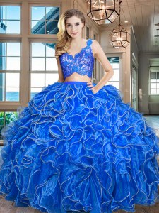 Modest Blue Quinceanera Dress Military Ball and Sweet 16 and Quinceanera and For with Lace and Ruffles V-neck Sleeveless Zipper