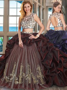 Affordable Scoop Pick Ups With Train Two Pieces Cap Sleeves Burgundy Quinceanera Gowns Brush Train Backless