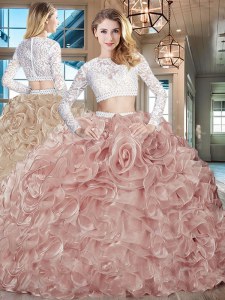Stylish Scoop Long Sleeves Zipper Sweet 16 Quinceanera Dress Pink for Military Ball and Sweet 16 and Quinceanera with Beading and Lace and Ruffles Brush Train
