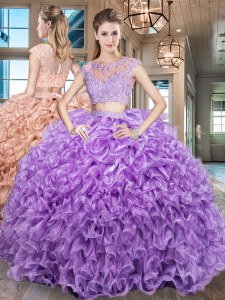 Scoop Floor Length Two Pieces Cap Sleeves Purple Ball Gown Prom Dress Zipper
