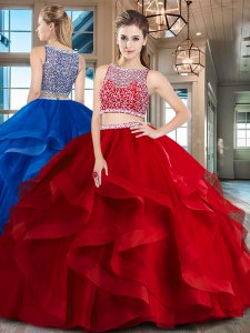 Customized Red Tulle Side Zipper Bateau Sleeveless Floor Length Quince Ball Gowns Beading and Ruffles