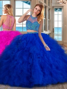 Sleeveless Brush Train Lace Up With Train Beading and Ruffles Ball Gown Prom Dress