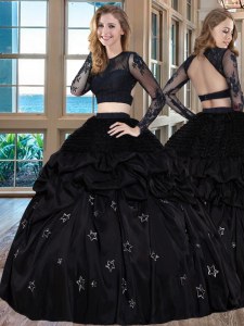 Colorful Scoop Backless Black Long Sleeves Embroidery Floor Length Quinceanera Dresses