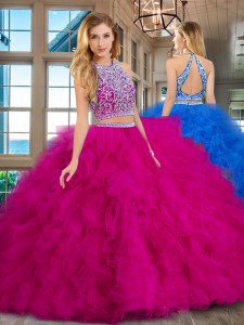 Fuchsia Tulle Backless Scoop Sleeveless Floor Length Quinceanera Dresses Beading and Ruffles