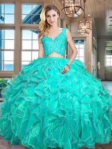 V-neck Sleeveless Quinceanera Dresses Floor Length Lace and Ruffles Turquoise Organza