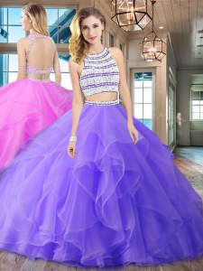 Scoop With Train Backless Quinceanera Dresses Lavender for Military Ball and Sweet 16 and Quinceanera with Beading and Ruffles Brush Train