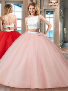 Straps Pink Sleeveless Floor Length Beading Backless Sweet 16 Quinceanera Dress