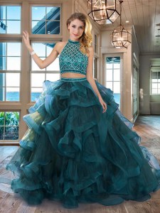 Dazzling Halter Top Backless Teal Vestidos de Quinceanera Tulle Brush Train Sleeveless Beading and Ruffles