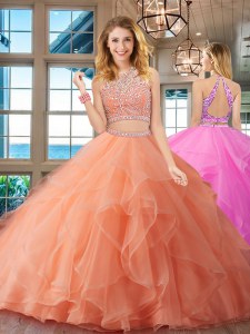Unique Peach Backless Scoop Beading and Ruffles Sweet 16 Quinceanera Dress Organza Sleeveless