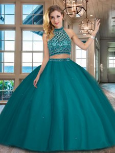Best Selling Halter Top Teal Two Pieces Beading Sweet 16 Dresses Backless Tulle Sleeveless Floor Length