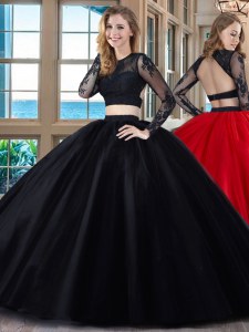 Black and Red Two Pieces Scoop Long Sleeves Tulle Floor Length Backless Appliques Sweet 16 Dress