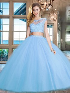 Scoop Cap Sleeves Floor Length Zipper Quinceanera Dress Light Blue for Military Ball and Sweet 16 and Quinceanera with Beading and Appliques