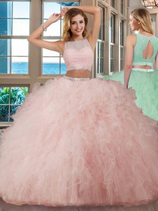 Fabulous Tulle Scoop Sleeveless Backless Beading and Ruffles Quince Ball Gowns in Pink