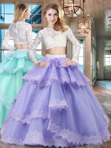 Dynamic Lavender Scoop Zipper Beading and Lace and Ruffled Layers Sweet 16 Quinceanera Dress Long Sleeves
