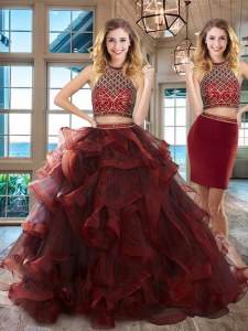 New Style Halter Top Sleeveless Beading and Ruffles Backless Vestidos de Quinceanera with Burgundy Brush Train