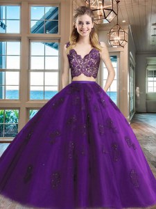 Dynamic Sleeveless Floor Length Lace and Appliques Zipper 15 Quinceanera Dress with Purple