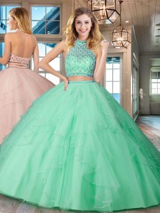 Suitable Halter Top Sleeveless Tulle Floor Length Backless Ball Gown Prom Dress in Apple Green with Beading and Ruffles