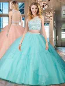 Aqua Blue Tulle Backless Scoop Sleeveless Floor Length 15 Quinceanera Dress Beading and Ruffles