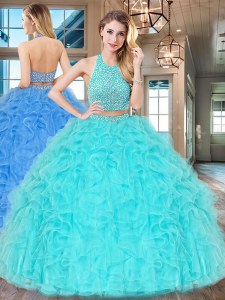 Two Pieces 15th Birthday Dress Aqua Blue Halter Top Tulle Sleeveless Floor Length Backless
