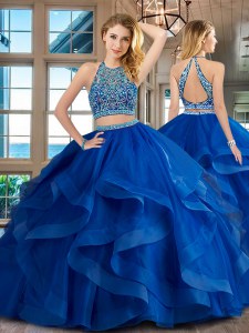 Backless Scoop Sleeveless Sweet 16 Dress Floor Length Beading and Ruffles Royal Blue Tulle