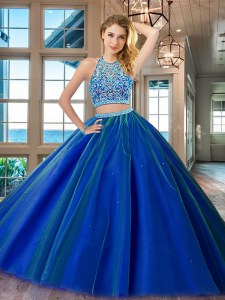 Scoop Sleeveless Tulle Floor Length Backless Ball Gown Prom Dress in Royal Blue with Beading