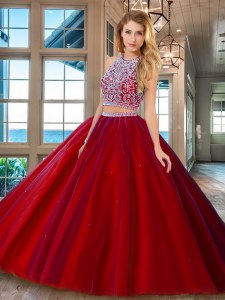 Customized Scoop Red Tulle Backless 15 Quinceanera Dress Sleeveless Beading
